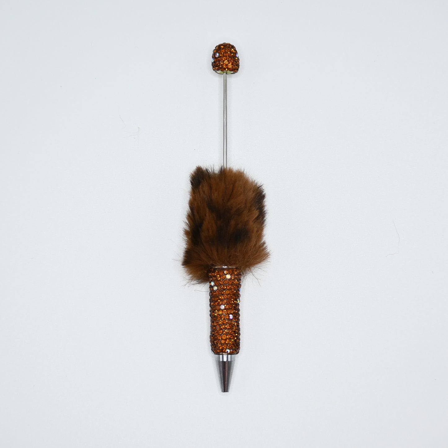 Brown Color Fluffy Beadable Ballpoint Pens Half Rhinestones