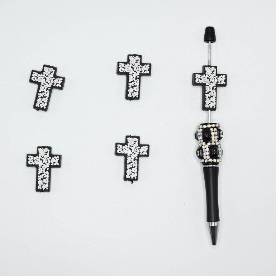 Black Cross with White Pattern Silicone Focal Beads For Pen