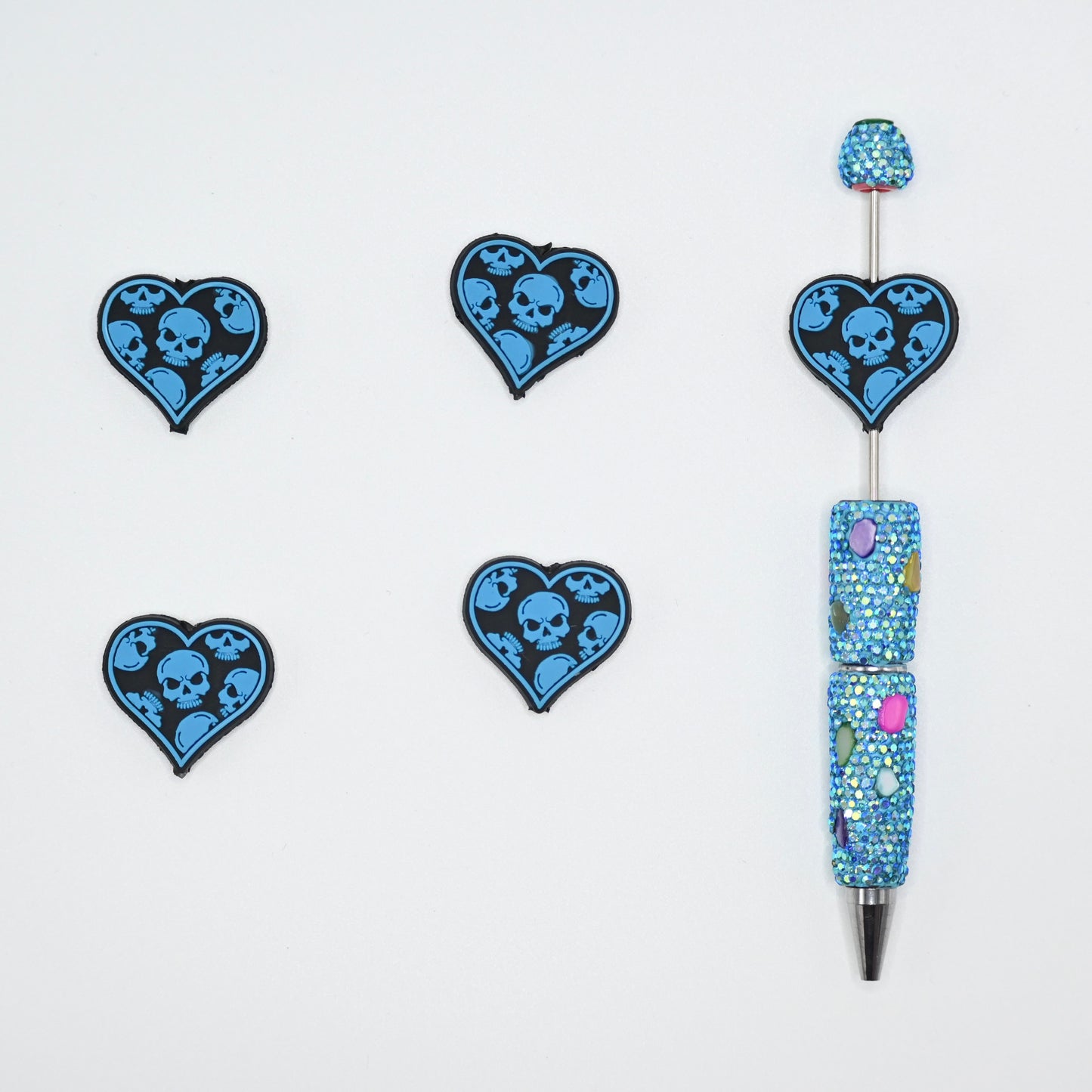 Blue Color Skull Heart Shape Silicone Focal Beads For Pen