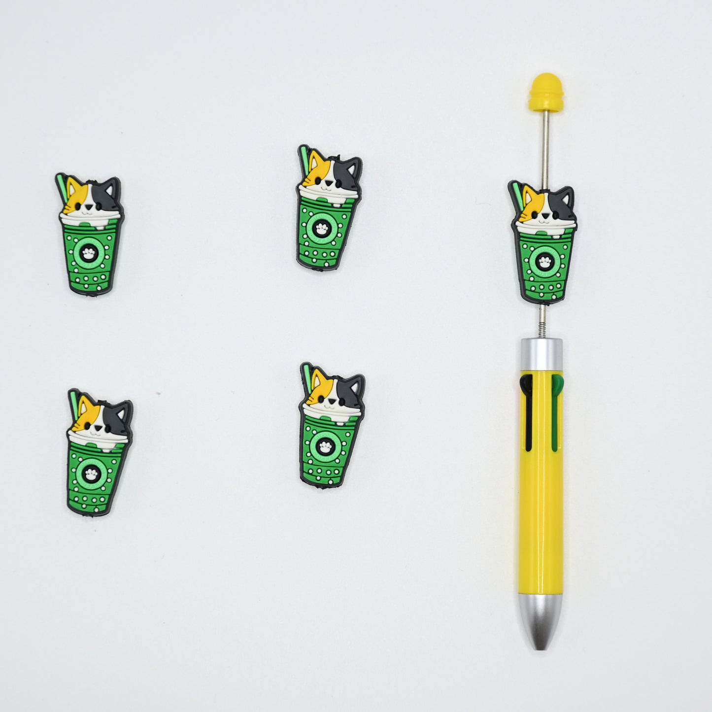 Cute Brown Cat on Top of a Green Cup Silicone Focal Beads For Pen