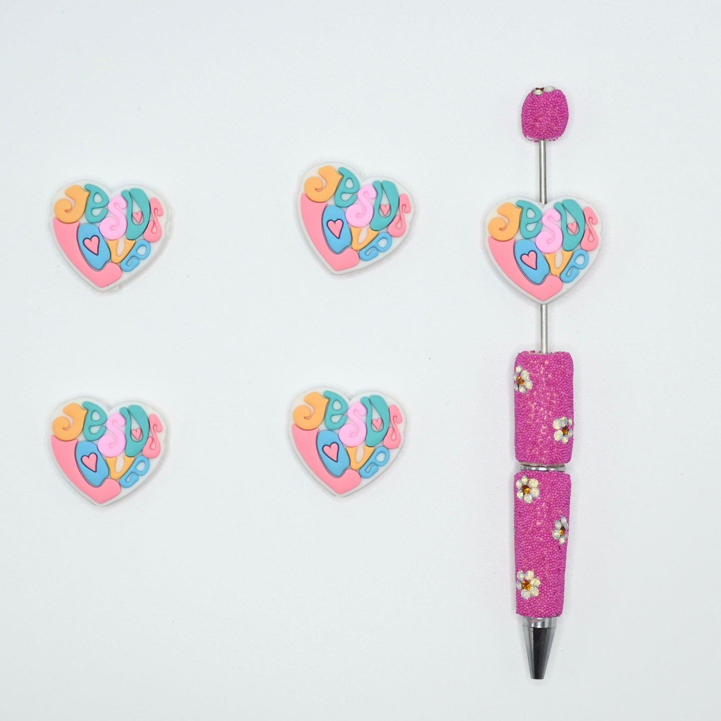 Colorful Words Heart Shape Jesus Love Silicone Focal Beads For Pen
