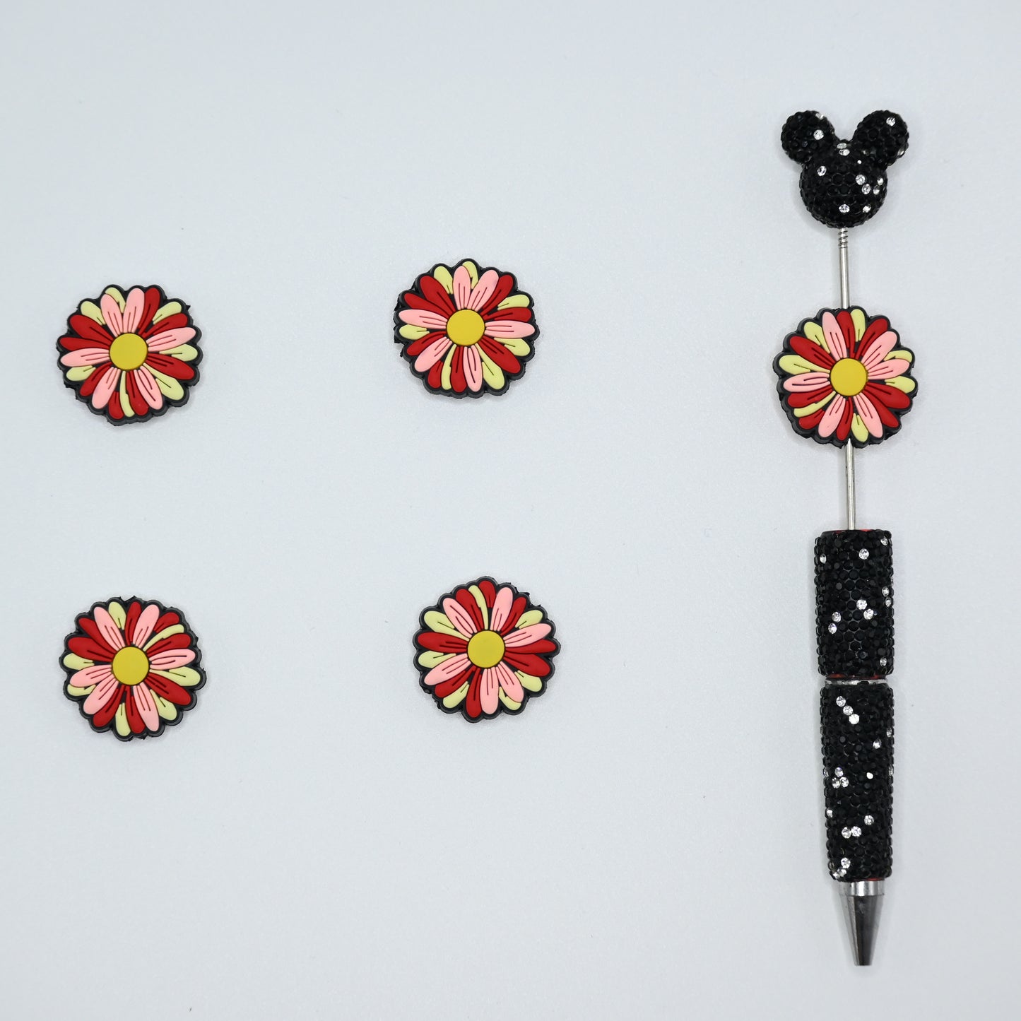 Flower with Yellow Pink and Red Color Silicone Focal Beads For Pen