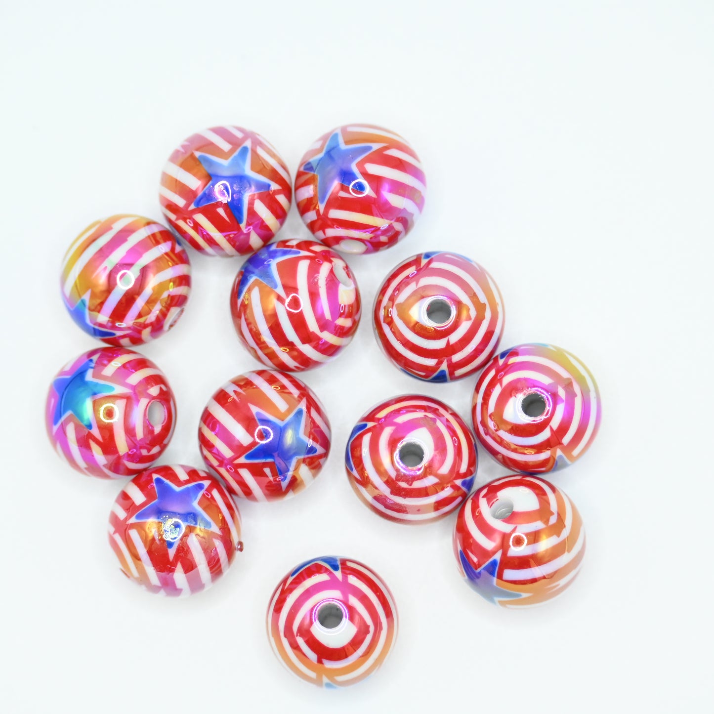 12pcs 16mm Red Stripe and Blue Stars Pattern Beads for Pen Jewelry Chain Making Craft Spacer Supplies