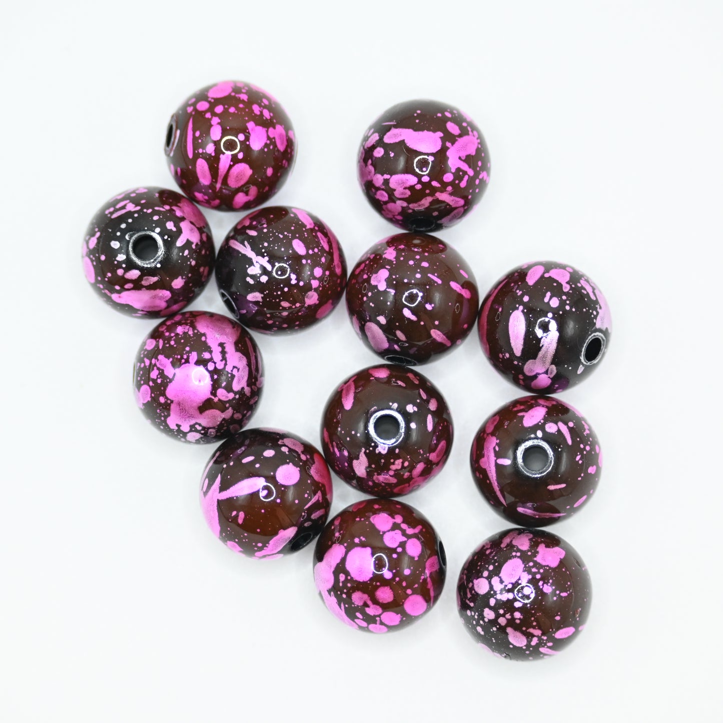 12pcs 16mm Brown Beads with Pink Spots Pattern for Pen Jewelry Chain Making Craft Spacer Supplies