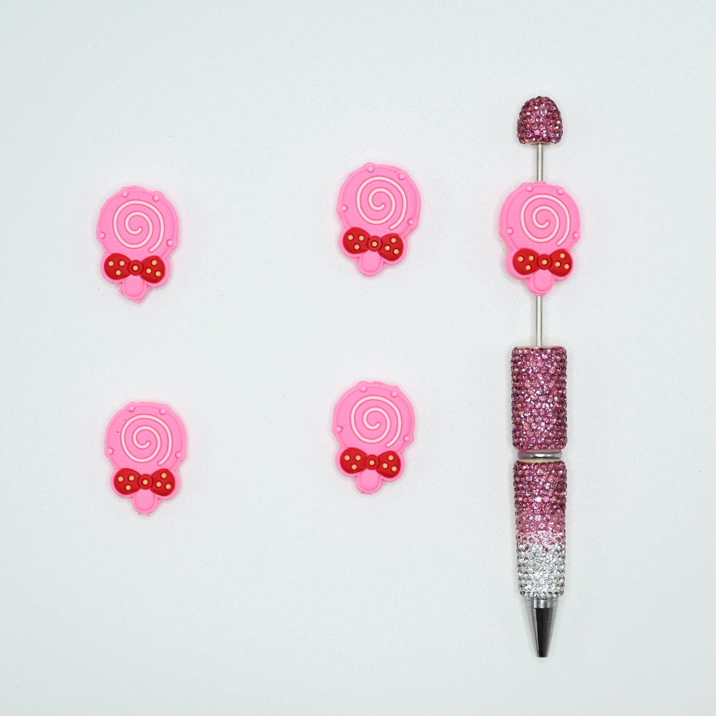Cute Pink Color Lollipop with a Bow Silicone Focal Beads For Pen