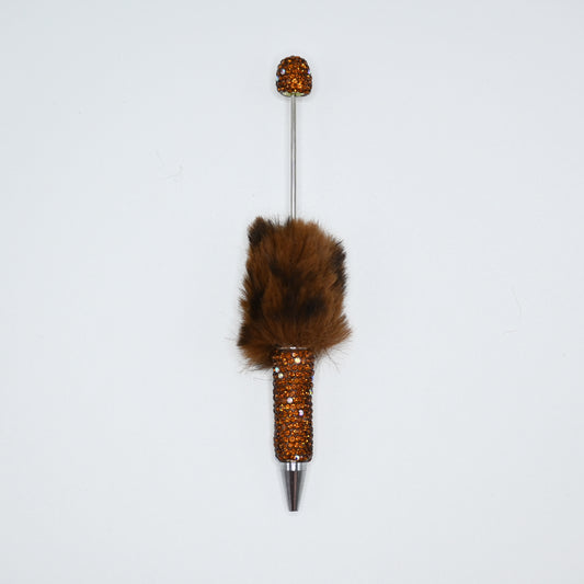 Brown Color Fluffy Beadable Ballpoint Pens Half Rhinestones