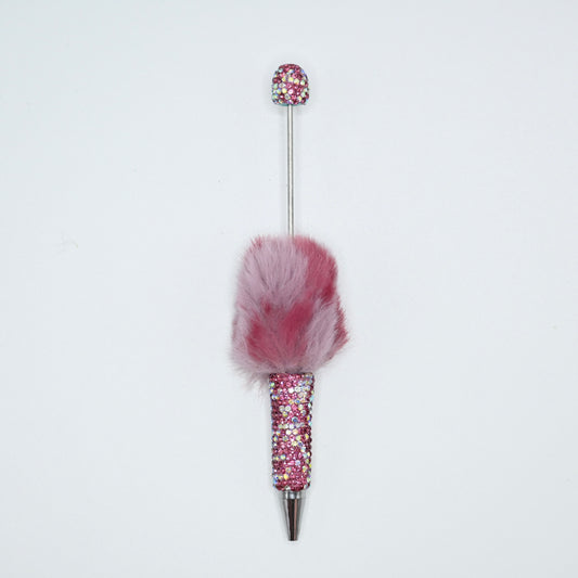 Red Color Fluffy Beadable Ballpoint Pens Half Rhinestones