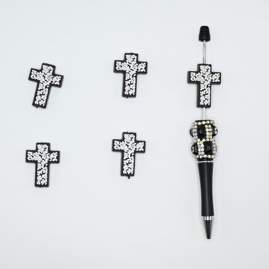 Black Cross with White Pattern Silicone Focal Beads For Pen