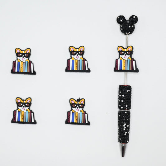 A Dog Wearing Glassed Behind Many Books Silicone Focal Beads For Pen