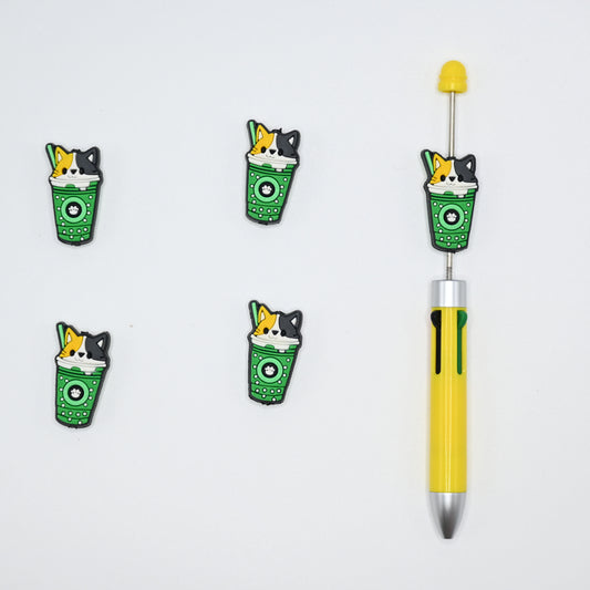 Cute Brown Cat on Top of a Green Cup Silicone Focal Beads For Pen