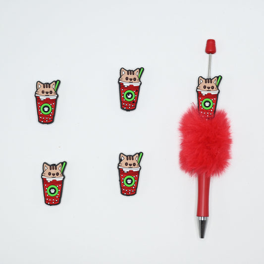 Cute Brown Cat on Top of a Red Cup Silicone Focal Beads For Pen