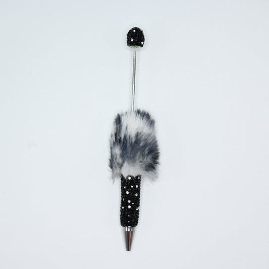Black Color Fluffy Beadable Ballpoint Pens Half Rhinestones