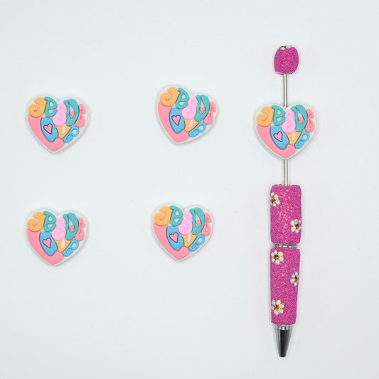 Colorful Words Heart Shape Jesus Love Silicone Focal Beads For Pen