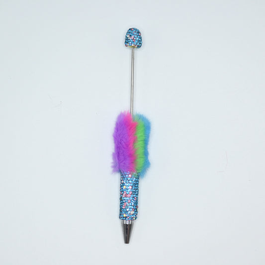 Blue Color Fluffy Beadable Ballpoint Pens Half Rhinestones