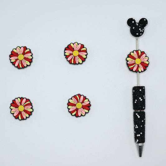 Flower with Yellow Pink and Red Color Silicone Focal Beads For Pen