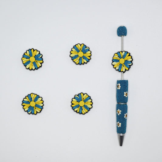 Flower with Blue Yellow and Light Yellow Color Silicone Focal Beads For Pen