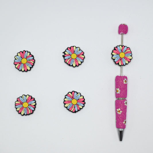 Flower with Blue Yellow and Pink Color Silicone Focal Beads For Pen
