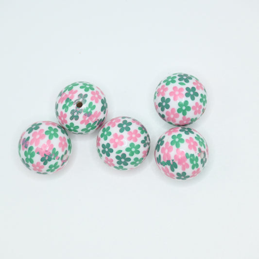 20mm Little Pink and Green Cute Flower Round Beads for Keychains