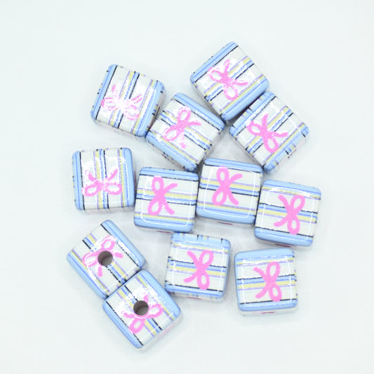 12pcs 20mm Acrylic Blue Cube Beads Pink Bow Ribbon Pattern DIY Beading Hairband Bracelets Necklace Craft