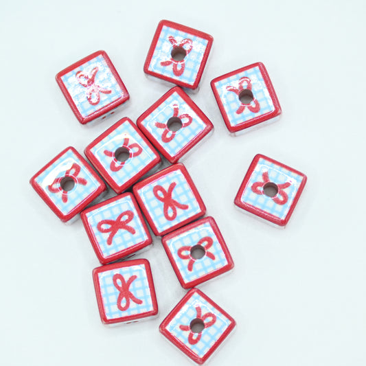 12pcs 20mm Acrylic Cube Beads Red Bow Pattern DIY Beading Hairband Bracelets Necklace Craft