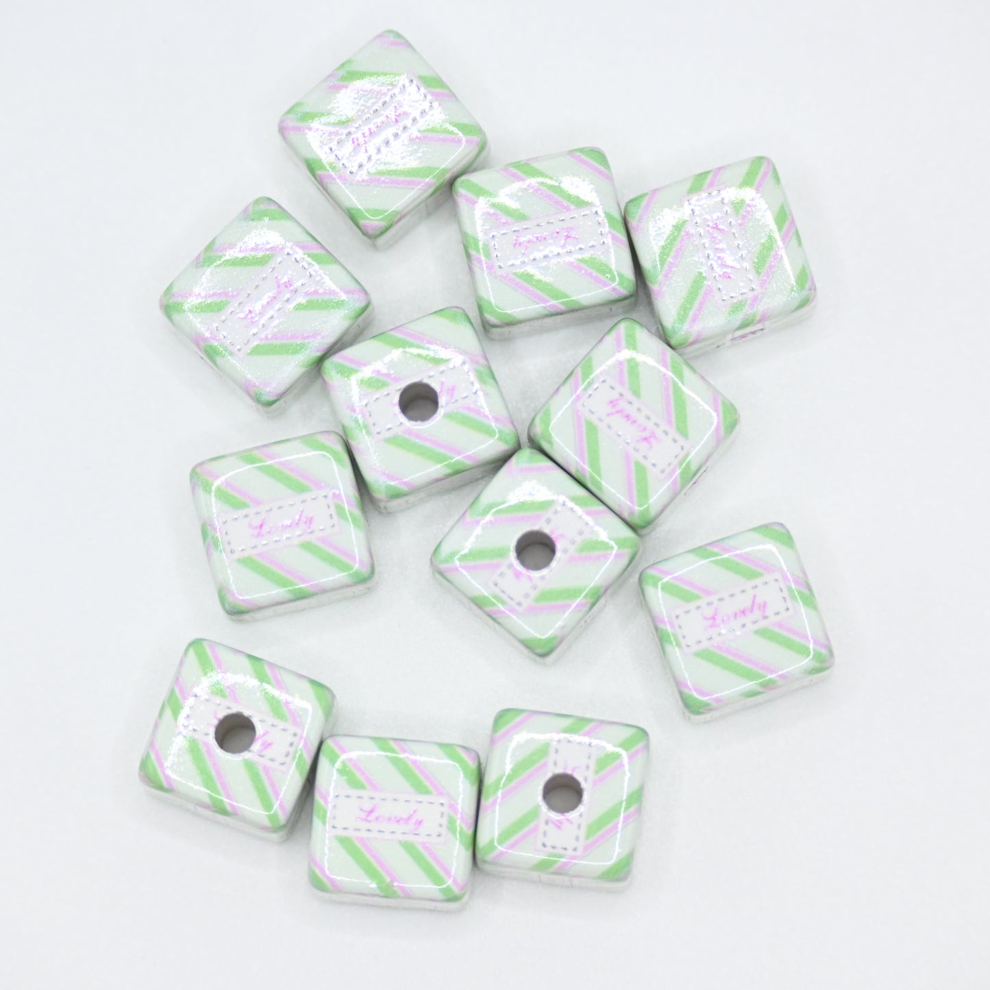 12pcs 20mm Pink Acrylic Cube Beads Green and Pink Stripe Pattern DIY Beading Hairband Bracelets Necklace Craft