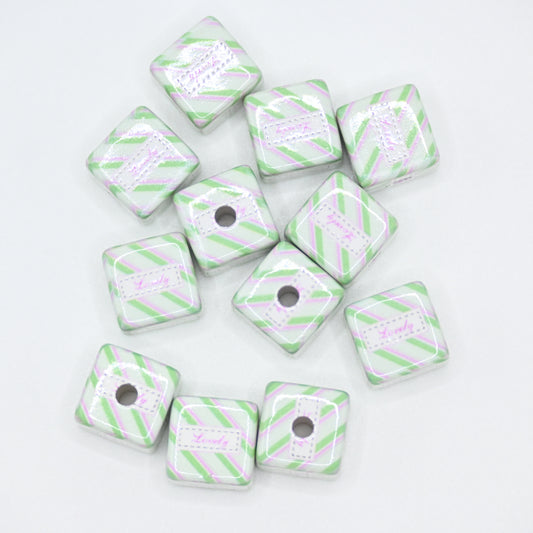 12pcs 20mm Pink Acrylic Cube Beads Green and Pink Stripe Pattern DIY Beading Hairband Bracelets Necklace Craft