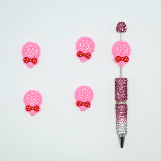 Cute Pink Color Lollipop with a Bow Silicone Focal Beads For Pen
